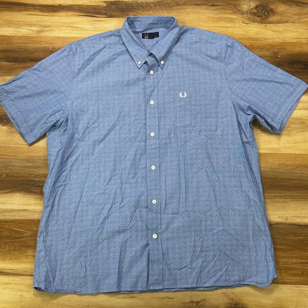 Fred Perry Shirt XXL Polka Dot Button Down Cotton Short Sleeve Blue M4390